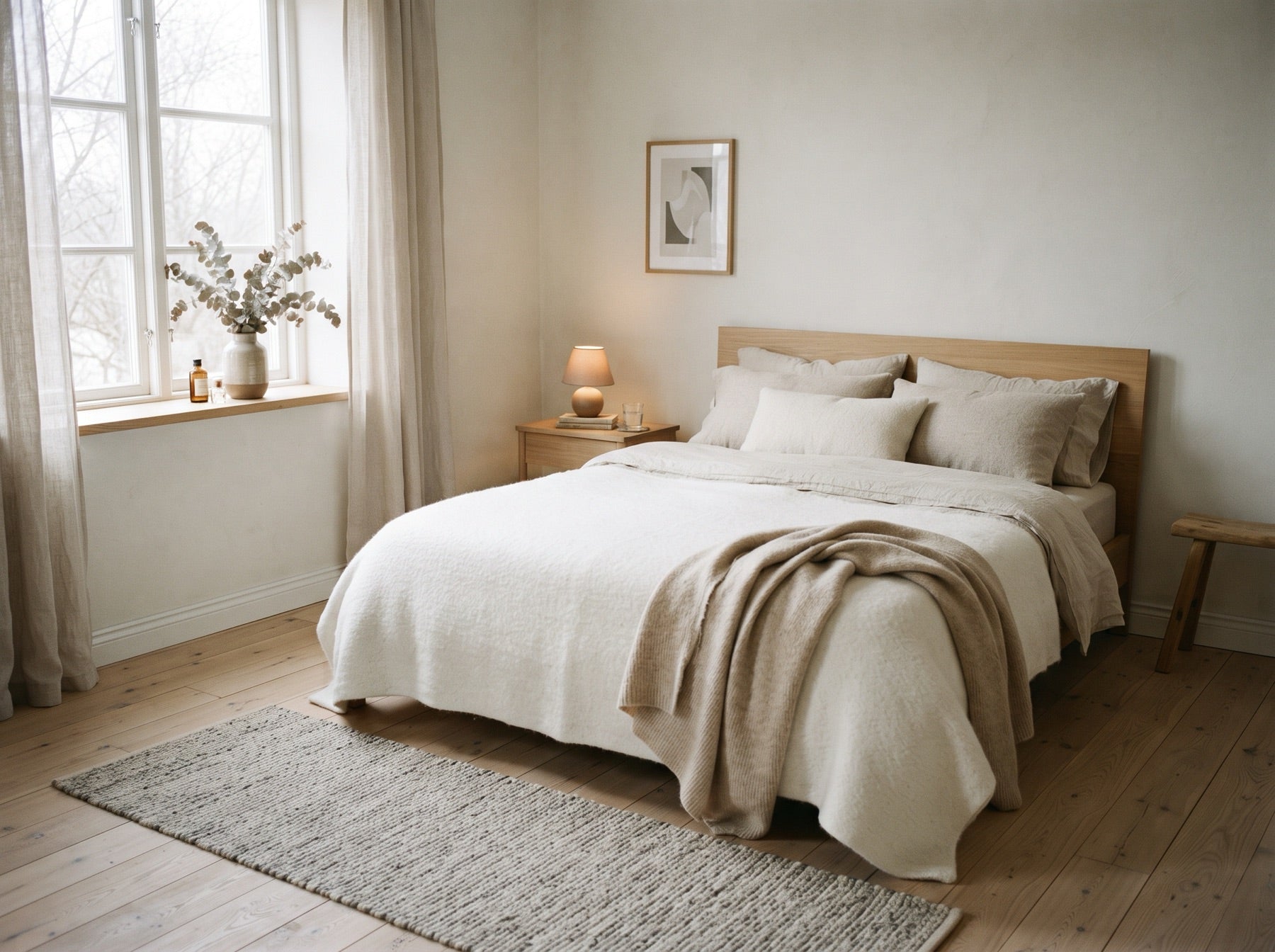 Schlafzimmer im Morgenlicht mit Wolldecke, Wollkissen und Plaid am Fußende